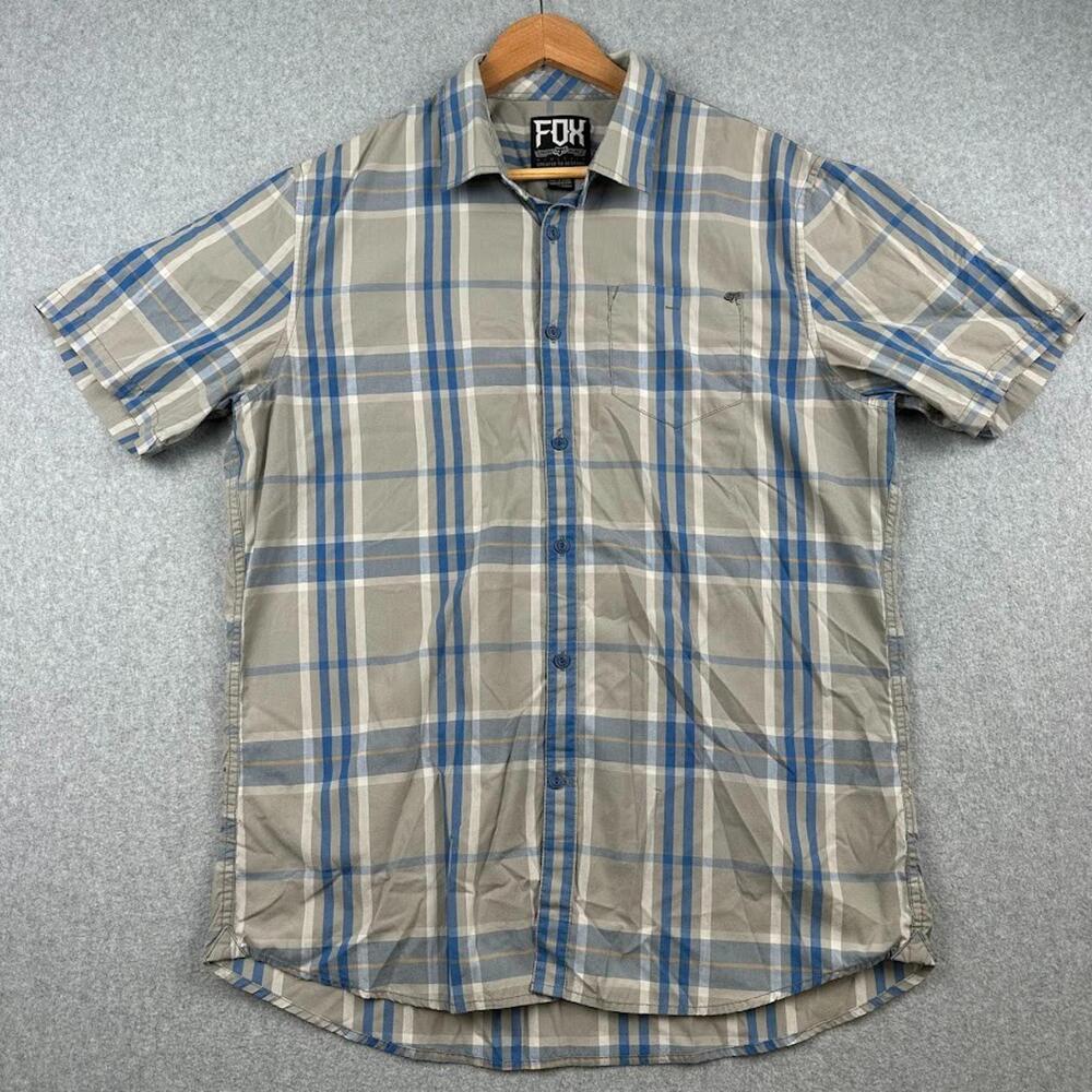 Fox Men's XL Blue Tan Plaid Button Down Shirt Short Sleeve Collard Dress Racing